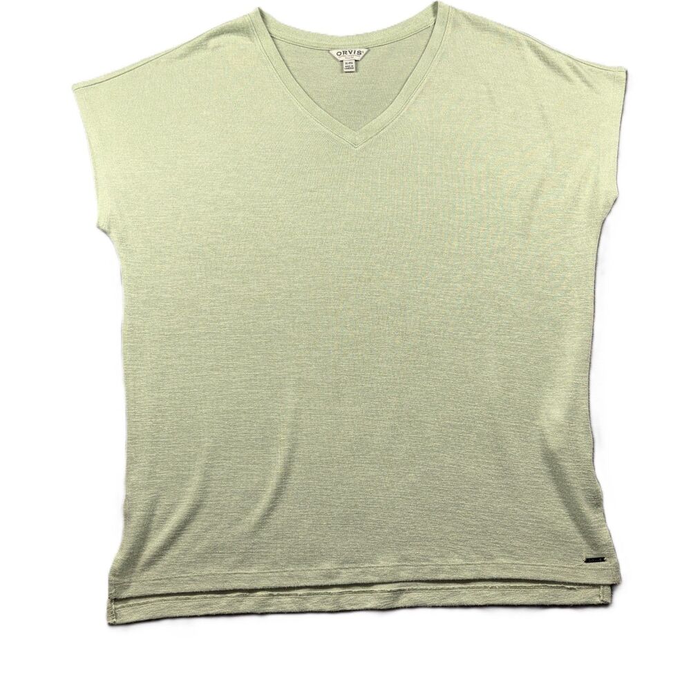 Orvis Women V-Neck Tunic Knit Top Cap Sleeve Stretch Green Celadon XL G266